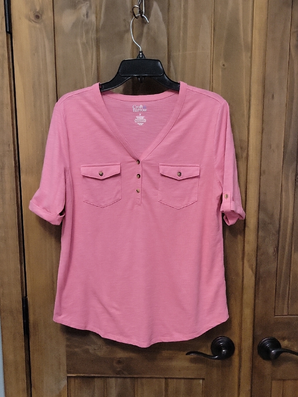 Croft & Barrow Pink V-Neck Button Front Pocket Roll-Sleeve Top